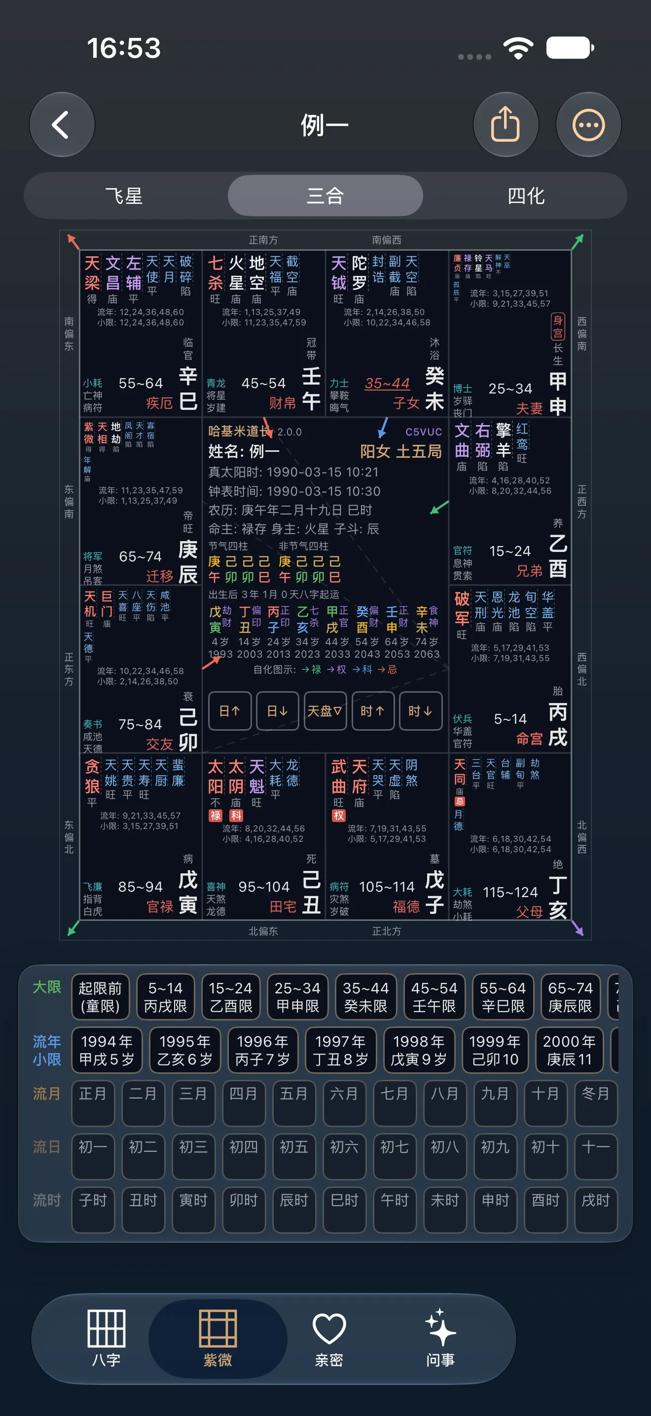 Zi Wei Dou Shu San He chart screenshot with the twelve palaces and the three-way four-point links.